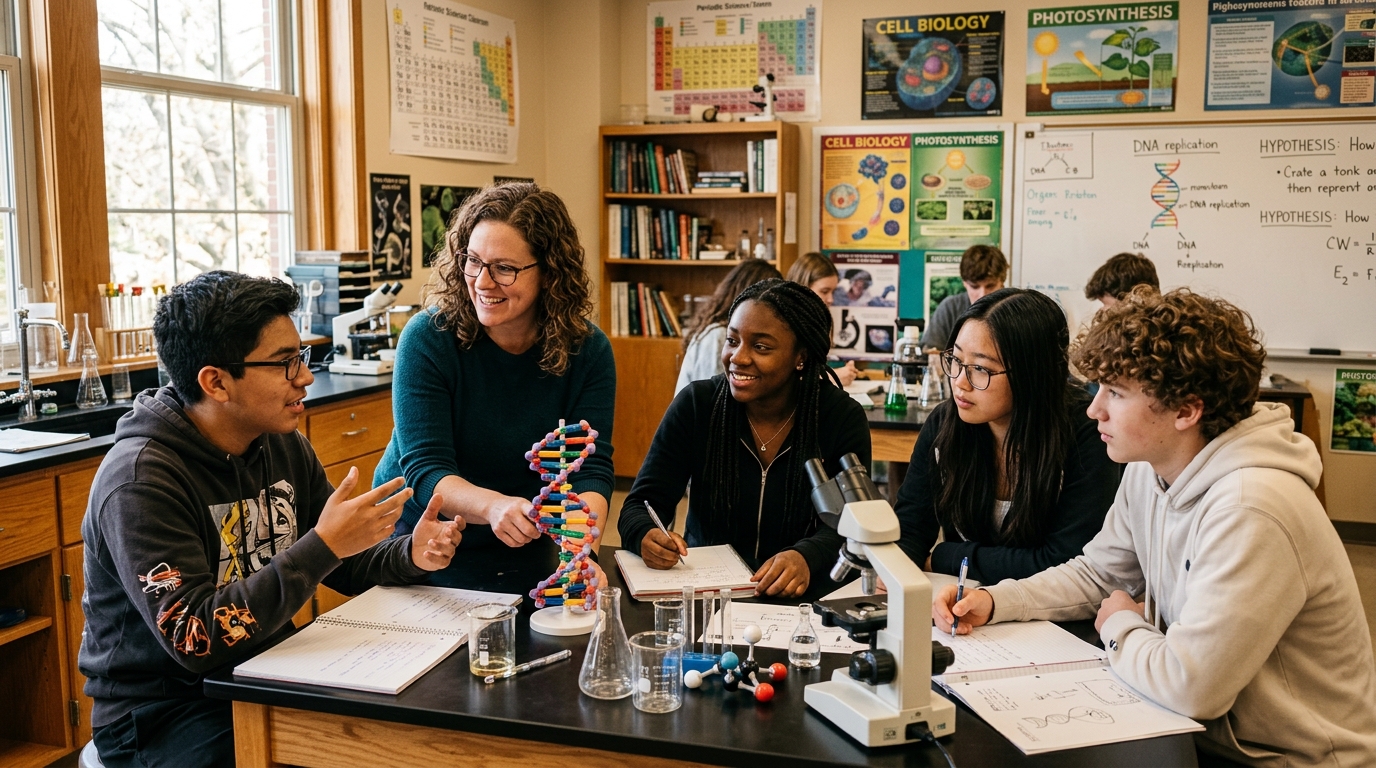 Teacher speaking with students in a classroom