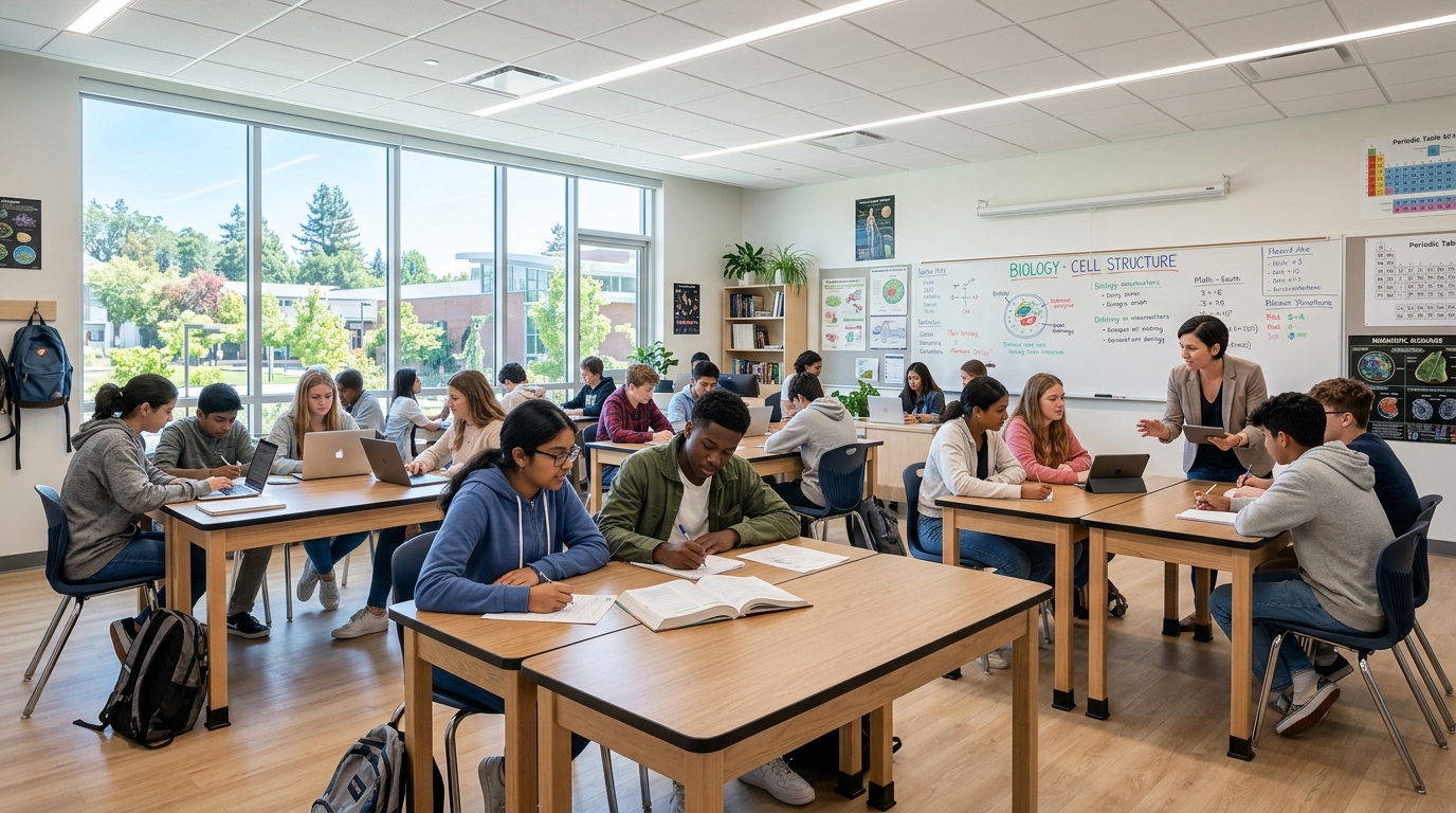 Students studying together in a bright room